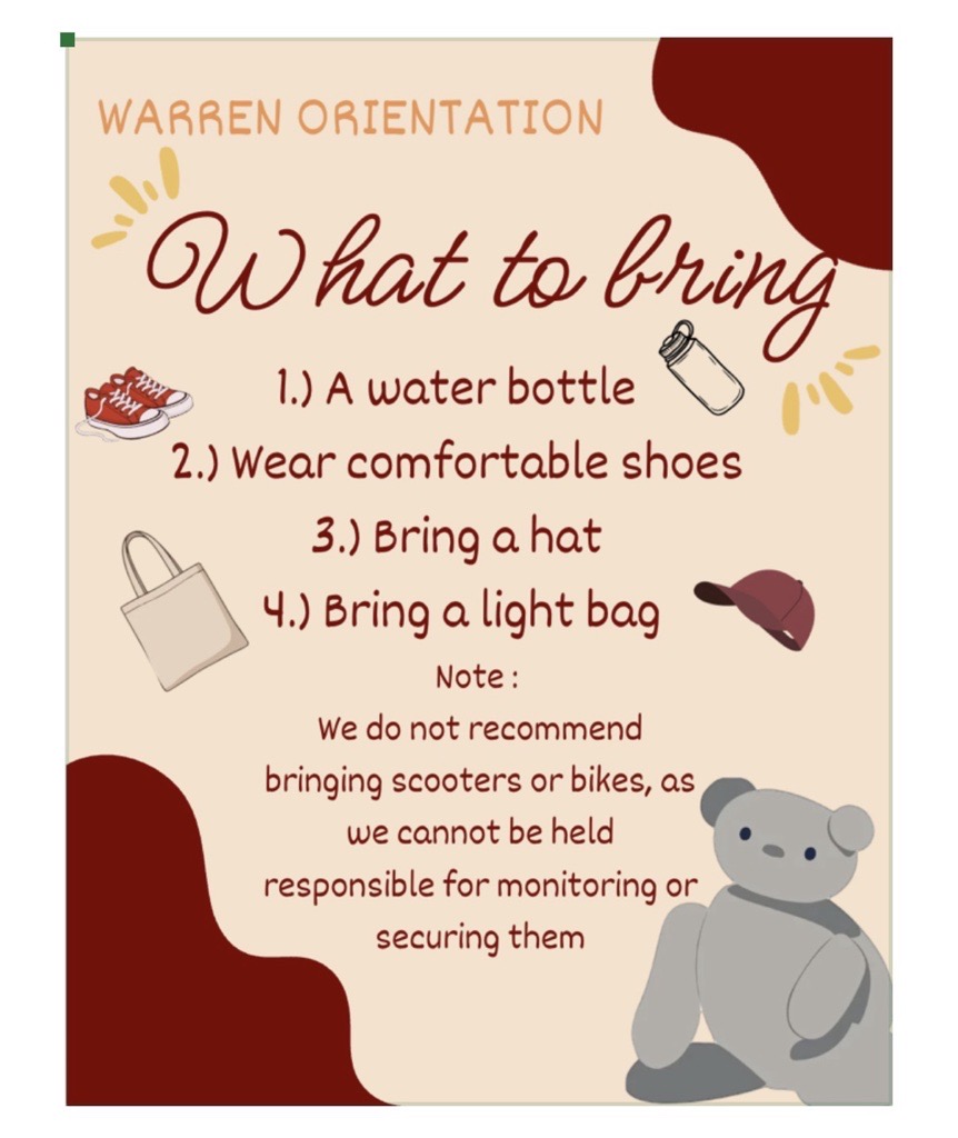 A list of things to bring for Orientation.